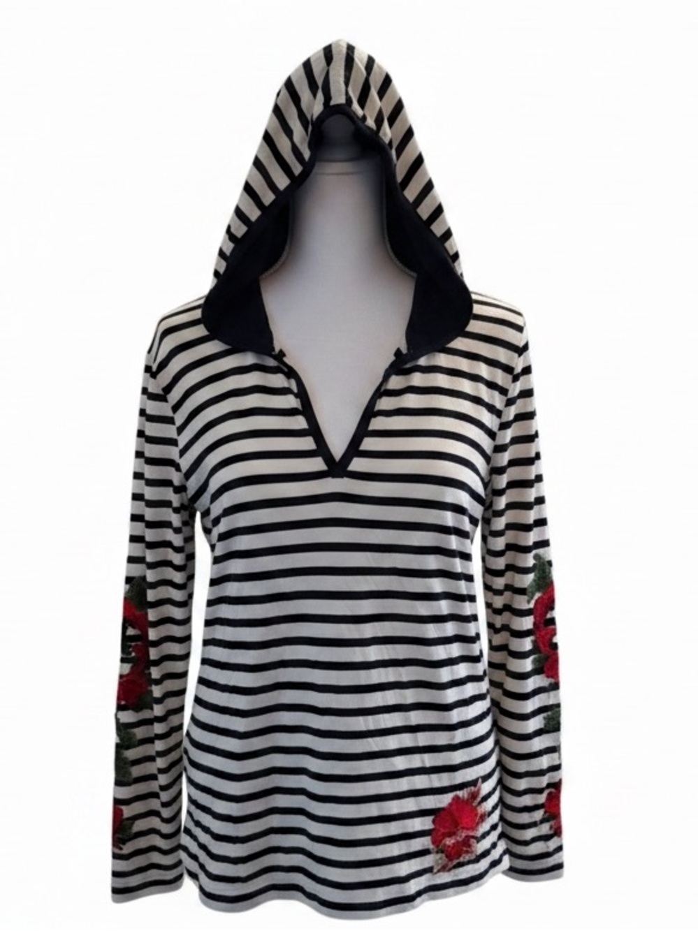 Tricotto Black and White Striped Hooded Tunic with Red Floral Appliqué